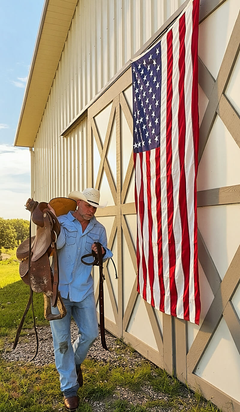 A rider with the American flag among grazing cattle at sunset