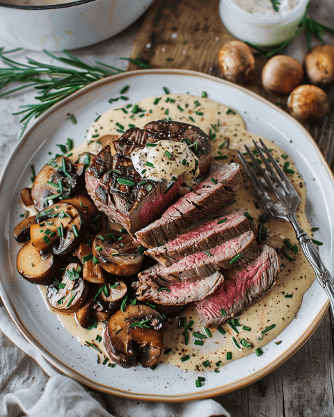 Grassfed Filet Mignon with Rosemary Cream Sauce & Mushrooms