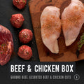Beef and Chicken Box. A variety of raw meats including grass-fed ground beef, regenerative beef cuts, and pasture raised chicken breasts. REP Provisions regenerative meats.