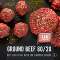 Raw 80/20 ground beef seasoned with salt and pepper, prominently displaying the lean to fat ratio and product details such as 'Regenerative, Grass-Fed & Grass-Finished', along with the brand REP Provisions.