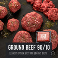 Lean 90/10 ground beef seasoned with salt and pepper, prominently displaying the lean to fat ratio and product details such as 'Regenerative, Grass-Fed & Grass-Finished', along with the brand REP Provisions.
