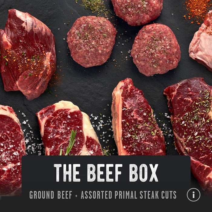 The Beef Box: grass-fed ground beef, ribeye steaks and NY strip steaks