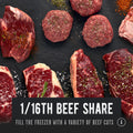 Regenerative Grass-fed Beef Share - Various Beef Cuts and ground beef with Seasonings on a black slate table. American First Beef Raised by REP Provisions