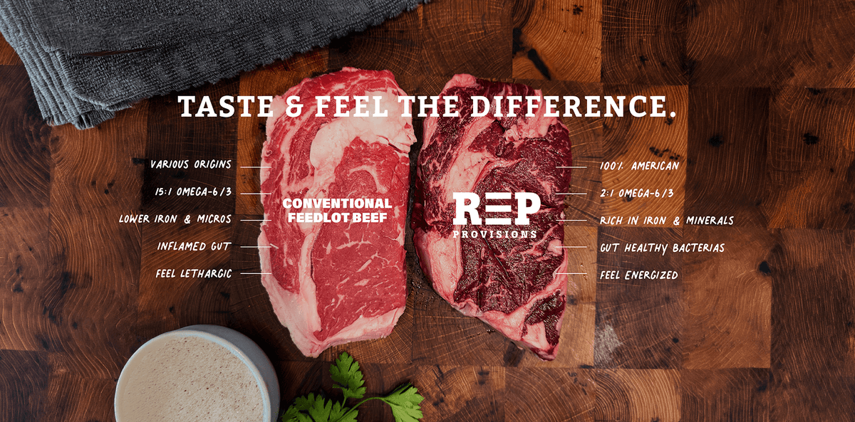 Conventional feedlot ribeye vs REP ribeye, titled 'Taste and feel the difference': various origins vs 100% American, lower iron vs rich in iron and minerals, 15:1 vs 2:1 omega-6 to omega-3