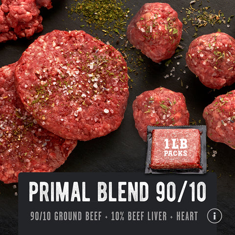 Grass-fed Ground Beef with Organ Meat, Ancestral Blend. Primal Blend Regenerative Ground Beef with Beef Heart and Beef Liver, REP Provisions 90/10 Primal Blend Meat Box Delivery.