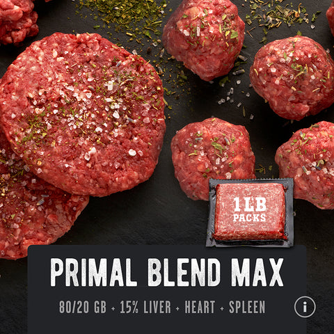 Grass-fed Ground Beef with Organ Meat, Ancestral Blend. Primal Blend Regenerative Ground Beef with 15% Beef Liver, Heart, Kidney and Spleen. REP Provisions Primal Blend Max Meat Box Delivery.