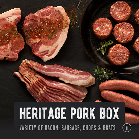Raw heritage pork products including bacon and various cuts. Soy and corn free pork by REP Provisions