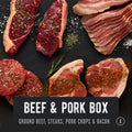 Grass-fed Beef & Pastured Pork Box with ground beef, NY steak, heritage pork chops, and smoked bacon bundle. REP Provisions regenerative farmed meats.