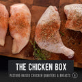 Pasture-Raised Chicken Box with mixed white and dark meat, sustainably and humanely raised chicken, nutrient-rich and soy-free.