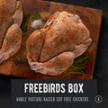 Pasture-raised whole chickens on cutting board with seasonings and spices. Regenerative raised chickens corn and soy free. REP Provisions regenerative farming.