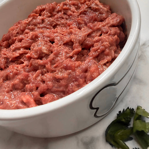 Raw Pet Power Blend meat topper in a white dog bowl