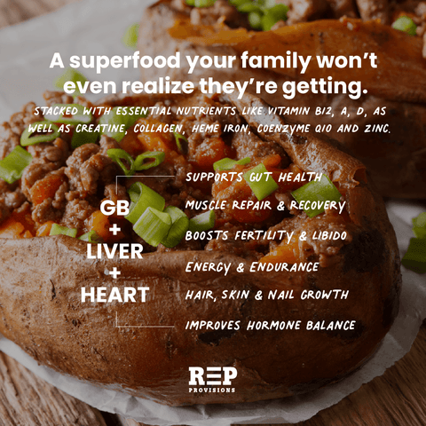 Ground Beef with Organ Meat health benefits overlayed onto a Ground Beef stuffed Sweet Potato REP Provisions