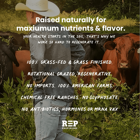 Man in a cowboy hat with cows, promoting grass-fed and grass-finished beef with text overlay. REP Provisions