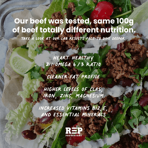 Salad with beef, greens, and vegetables with text about beef nutrition and REP Provisions branding.