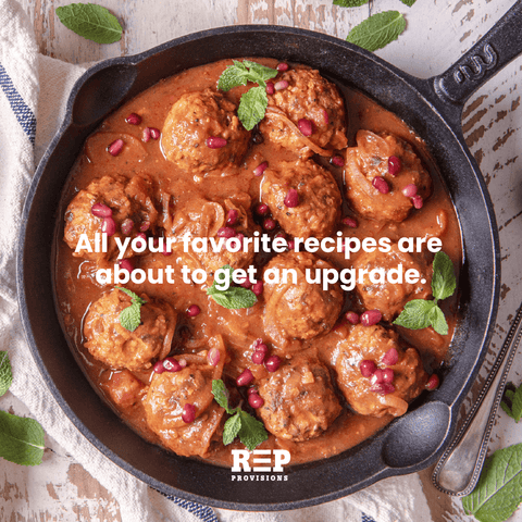 8020 Ground Beef Regenerative Raised Meatballs in a cast iron skillet REP Provisions