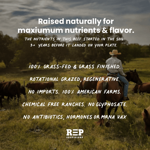 Man on horseback in a field with cows, promoting grass-fed beef, and featuring REP Provisions branding.