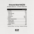 Nutritional label for ground beef 80/20 on a white background with REP Provisions logo.