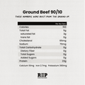 Nutritional label for ground beef 90/10 on a white background with REP Provisions branding.