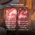 Two cuts of beef labeled 'Grocery Beef' and 'REP Provisions' on a wooden surface with text highlighting differences.