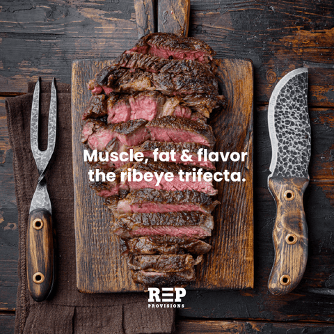 Sliced 100% grass-fed ribeye steak on a wooden cutting board with a fork, knife, and REP Provisions branding.