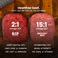 Grass finished Ground Beef omega 6 to omega 3 comparison infographic with conventional beef REP Provisions