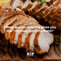 Sliced roasted chicken breast on a wooden cutting board with text and REP Provisions logo.