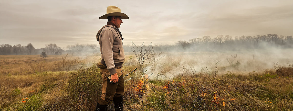 Prescribed burn moving across grassland
