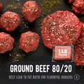 Grass-fed Ground Beef 80/20 in a cast iron skillet with patties, sold in 1lb vacuum-sealed packs