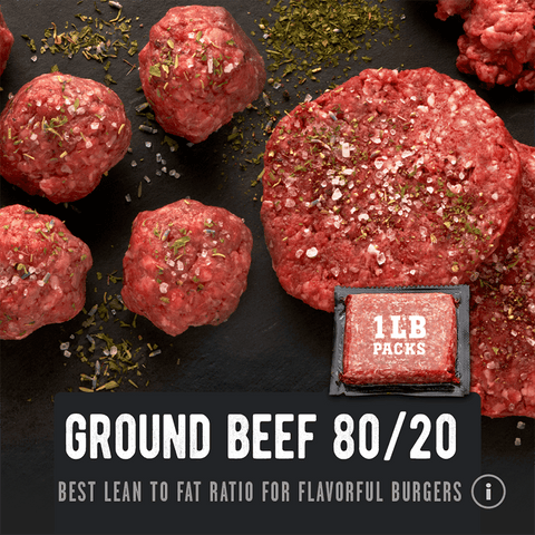 Grass-fed Ground Beef 80/20 in a cast iron skillet with patties, sold in 1lb vacuum-sealed packs