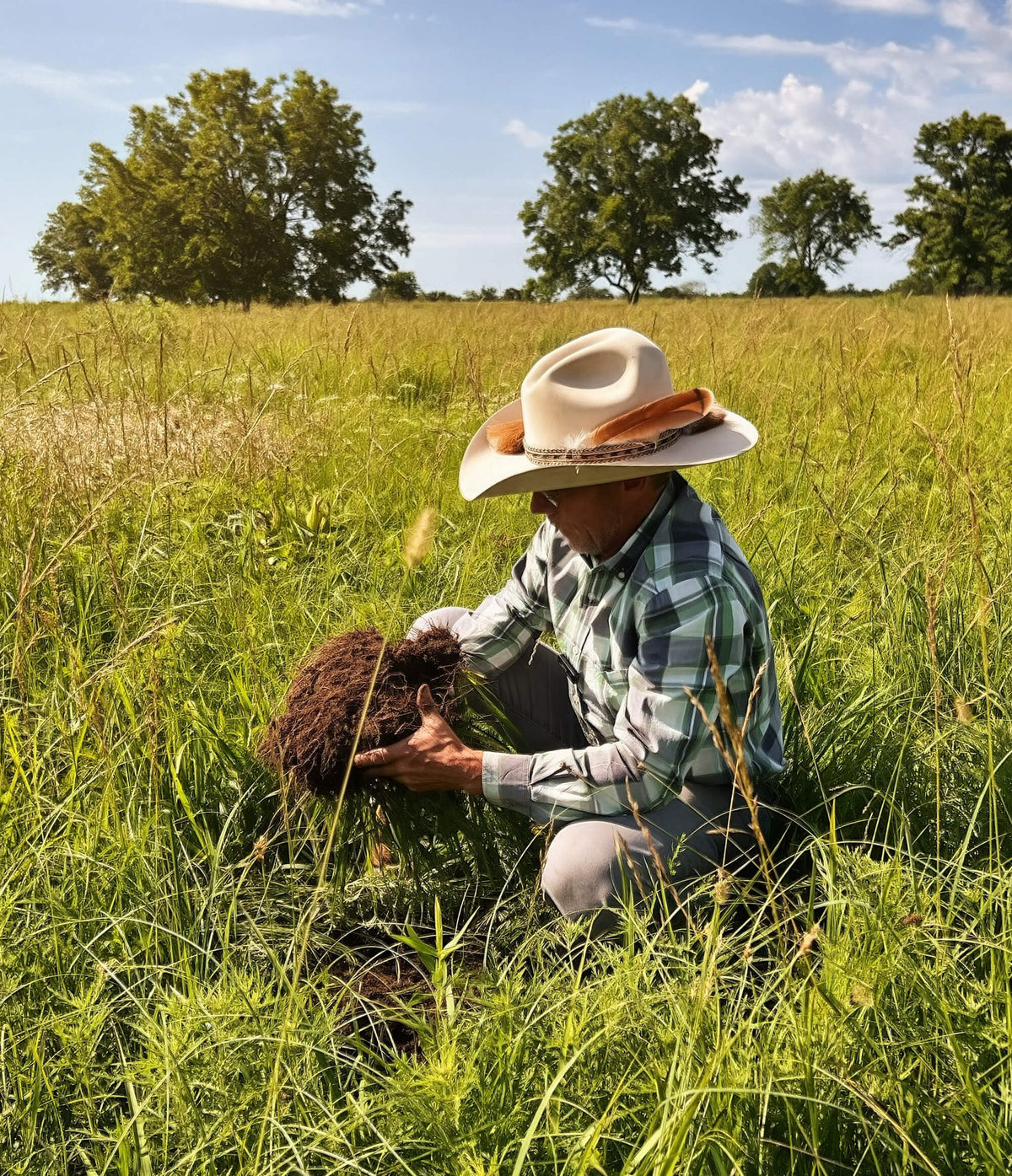 Eric of REP Provisions kneeling in a pasture holding a clump of soil and roots