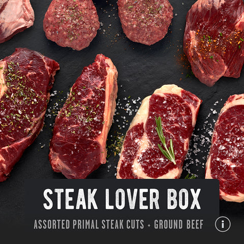 Grass-fed Beef steaks like ribeye, ny strip, filets on a dark surface with salt and rosemary garnish. REP Provision's Regeneratively Raised Meats.