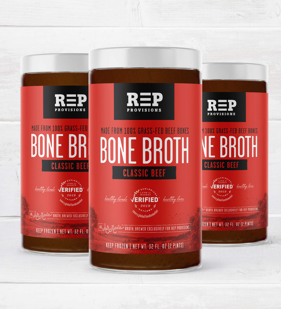 
                  
                    Regenerative Grass-fed Beef Bone Broth - Like from Kiss The Ground Documentary. REP Provisions - The Regenerative Company.
                  
                